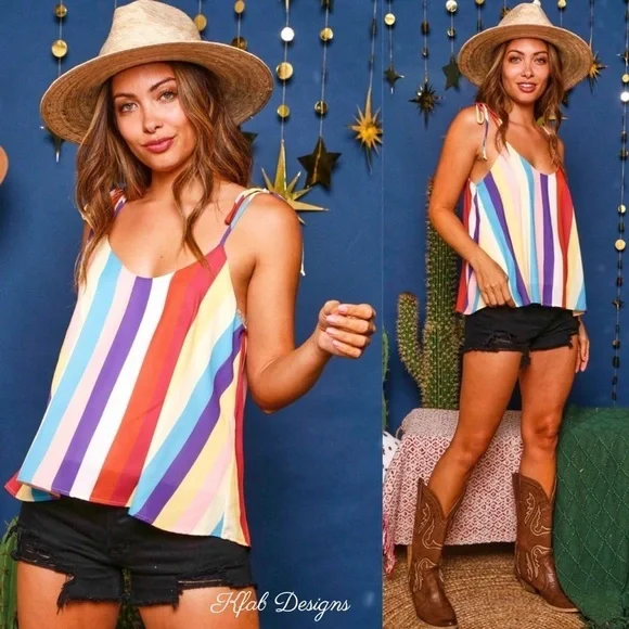 LAST 2! V Neck Fully Lined Rainbow Stripe Woven Tie Spaghetti Strap Top - Picture 4 of 10